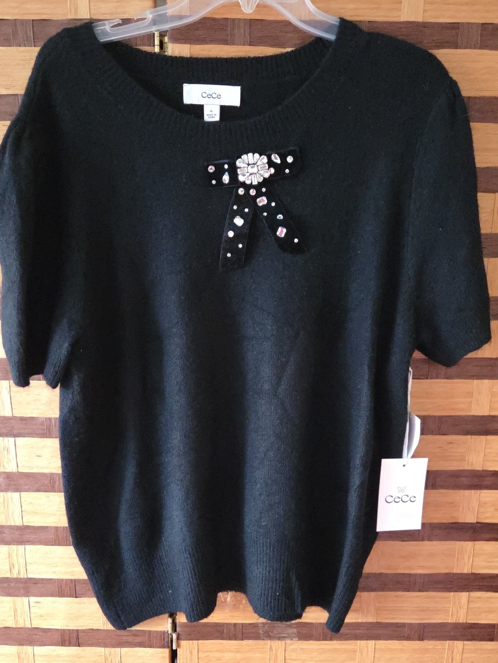 CeCe Black Short Sleeve Jeweled Bow Knit Top